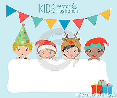 Children and greeting Christmas and New Year card, kids peeping behind placard, kids in Christmas costume characters celebrate Vector Illustration