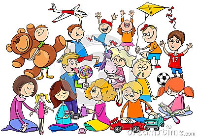 Children group playing with toys cartoon Vector Illustration