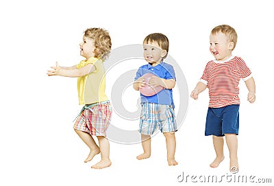 Children group playing toys. Small Kids isolated white background Stock Photo