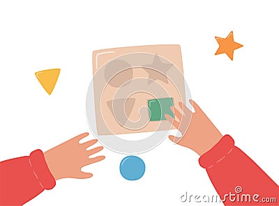 Children hands assemble a wooden sorter. Montessori game for early childhood development. Vector Illustration