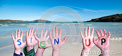 Children Hands Building Word Sign Up, Sea And Ocean Background Stock Photo