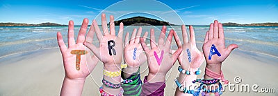 Children Hands Building Word Trivia, Ocean Background Stock Photo