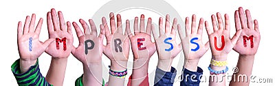 Children Hands Building Word Impressum Means Imprint, Isolated Background Stock Photo