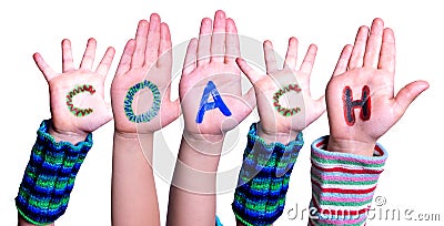 Children Hands Building Word Coach, Isolated Background Stock Photo