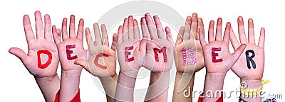 Children Hands Building Word December, Isolated Background Stock Photo