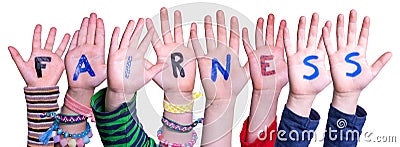 Children Hands Building Word Fairness, Isolated Background Stock Photo