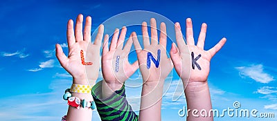 Children Hands Building Word Link, Blue Sky Stock Photo