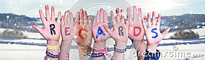 Children Hands Building Word Regards, Snowy Winter Background Stock Photo