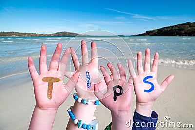 Children Hands Building Word Tips, Ocean Background Stock Photo
