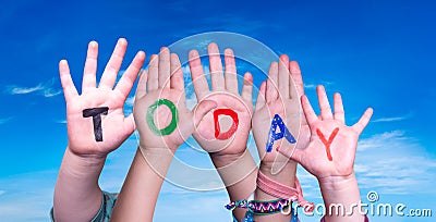 Children Hands Building Word Today, Blue Sky Stock Photo