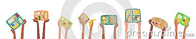 Children hands holding lunch boxes with healthy lunches food banner Vector Illustration