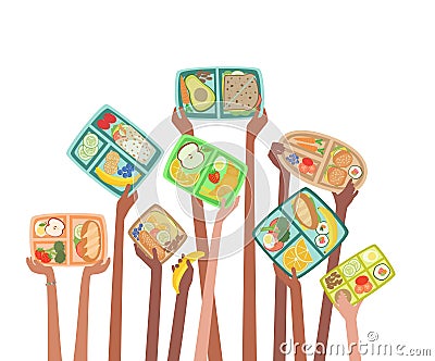 Children hands holding up lunch boxes with healthy lunches food Vector Illustration