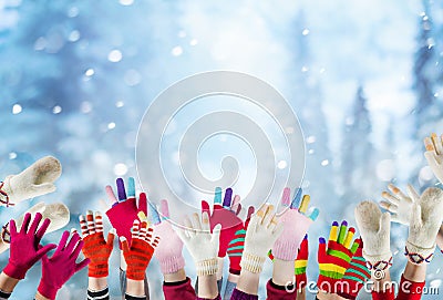 children hands with winter gloves and mittens Stock Photo