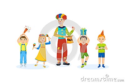 Children have fun with a clown animator home in room. Vector Illustration