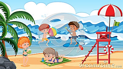 Children having fun on beach scene Vector Illustration