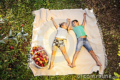 Children having a little picnic in summer garten with apples, spreading on white blanket. Stock Photo