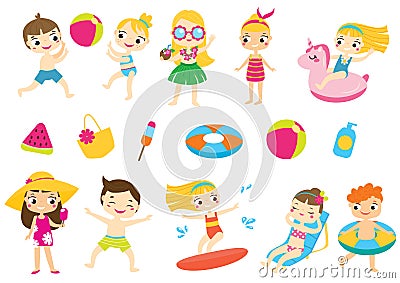 Children having summer holidays fun and outdoor beach activity. Kids enjoy seasonal vacation acitivity swim, play, tan, surf Vector Illustration