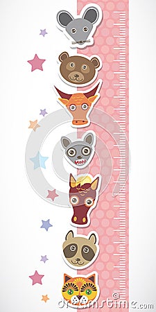 Children height meter wall sticker. Set of funny animals muzzle pink stiker with stars. Vector Vector Illustration