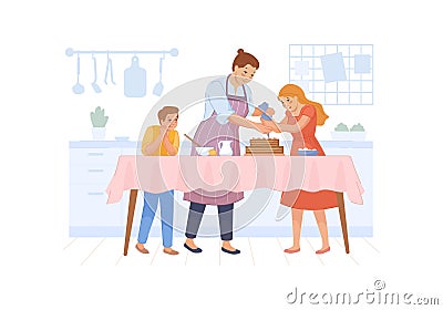 Children help mom make cake. Mother chef and child preparing bake on lunch, family cooking together, cook food at Vector Illustration