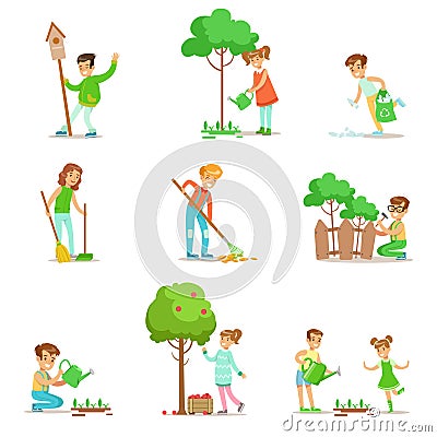 Children Helping In Eco-Friendly Gardening, Collecting Fruit, Cleaning Up Outdoors, Recycling The Garbage And Watering Vector Illustration