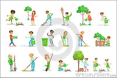 Children Helping In Eco-Friendly Gardening, Planting Trees, Cleaning Up Outdoors, Recycling The Garbage And Watering Vector Illustration