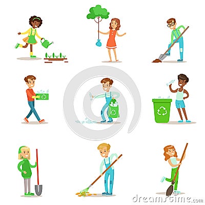 Children Helping In Eco-Friendly Gardening, Planting Trees, Cleaning Up Outdoors, Recycling The Garbage And Watering Vector Illustration