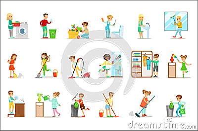 Children Helping With Home Cleanup, Washing The Floor, Throwing Out Garbage And Watering Plants Vector Illustration