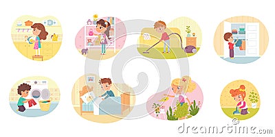 Children helping with housework set. Boys and girls help washing dishes, vacuum cleaning, putting toys and clothes in Vector Illustration