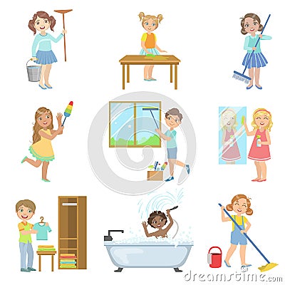 Children Helping With Spring Cleaning Vector Illustration