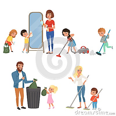 Children helping their parents with housework. Sweeping, vacuuming, washing floor, throwing out garbage, cleaning mirror Vector Illustration