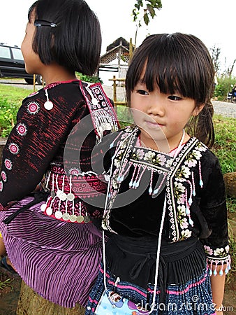 Children hmong tribal and child thai karen ethnic on Mon Jam village mountain hill posing portrait for take photo playing with Editorial Stock Photo