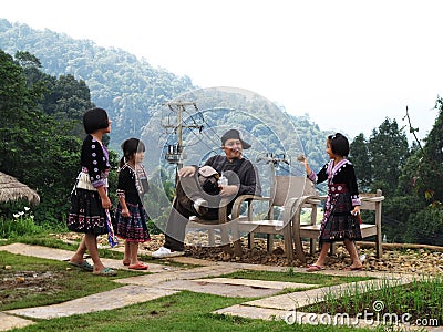 Children hmong tribal and child thai karen ethnic on Mon Jam village mountain hill posing portrait for take photo playing with Editorial Stock Photo