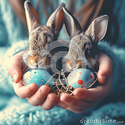 Children hold cute rabbit and easter eggs Stock Photo