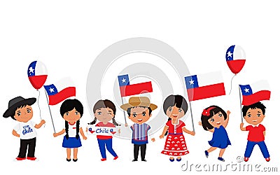Children holding Chile flags. Vector illustration. Modern design template Cartoon Illustration