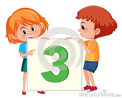 Children holding number three card Vector Illustration