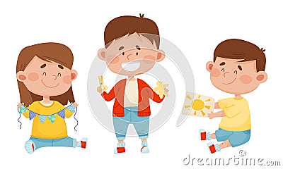 Children Holding Scissors and Doing Paper Craft Vector Illustrations Set Vector Illustration