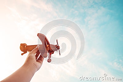 Children holding a toy plane and have dreams wants to be a pilot Stock Photo