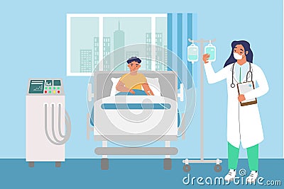 Children hospital room. Sick boy lying in bed, female nurse standing next to drip, flat vector illustration. Kids health Vector Illustration