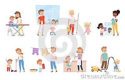 Children housework. Cleaning room washing appliance boys and girls helping parents vector cartoon people Vector Illustration