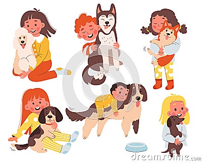 Children hugging dogs flat icons set. Cute children cuddle husky, poodle, corgi, beagle puppies. Play with pets Vector Illustration