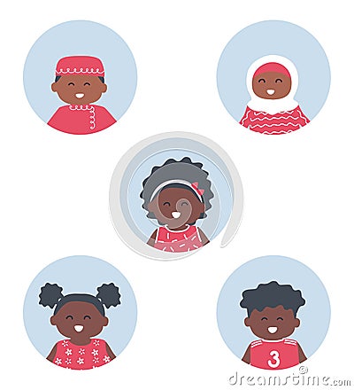 children icons set. Five different images of children. Diverse group of baby girls and baby boys Vector Illustration