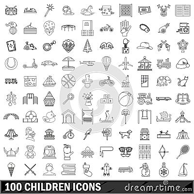 100 children icons set, outline style Vector Illustration