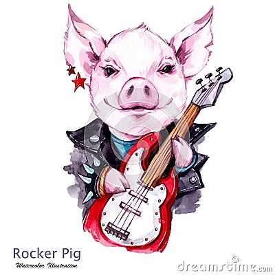 Children illustration. Watercolor rocker pig in jacket with electric guitar. Funny guitarist. Punk music. Symbol of 2019 Cartoon Illustration