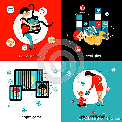 Children Internet Addiction 4 Flat Icons Vector Illustration