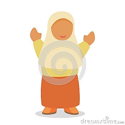 Children islamic girl character dress muslim hijab shades of brown cheerful holding hand white isolated background with Vector Illustration