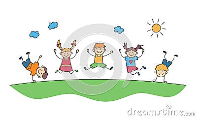 Children jump together. Funny jumping kids. Happy childhood. Doodle vector illustration Vector Illustration