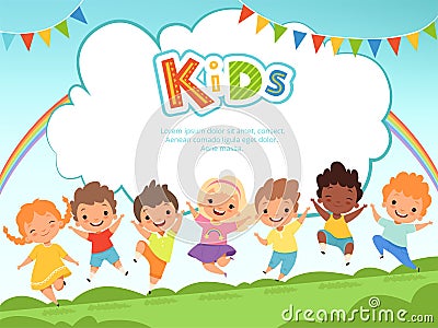 Children jumping background. Happy kids playing male and female on playground vector template with place for your text Vector Illustration