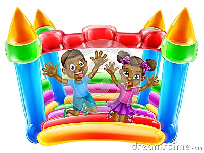 Children Jumping on Bouncy Castle Vector Illustration