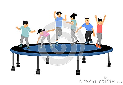Children jumping on garden trampoline vector illustrations isolated on white. Joyful kids enjoying and smiling. Boys and girls. Vector Illustration