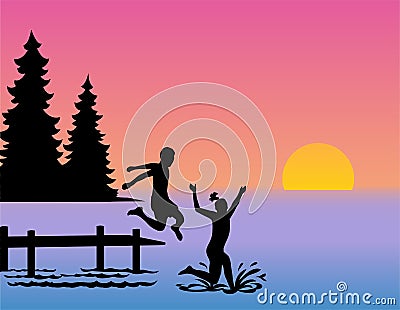 Children Jumping into Lake/eps Vector Illustration